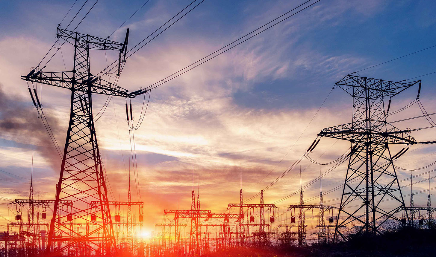 distribution electric substation with power lines and transforme